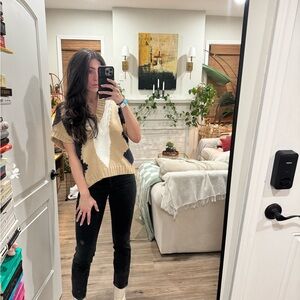 Tan and Black V-Neck Sweater- Pink Ripple